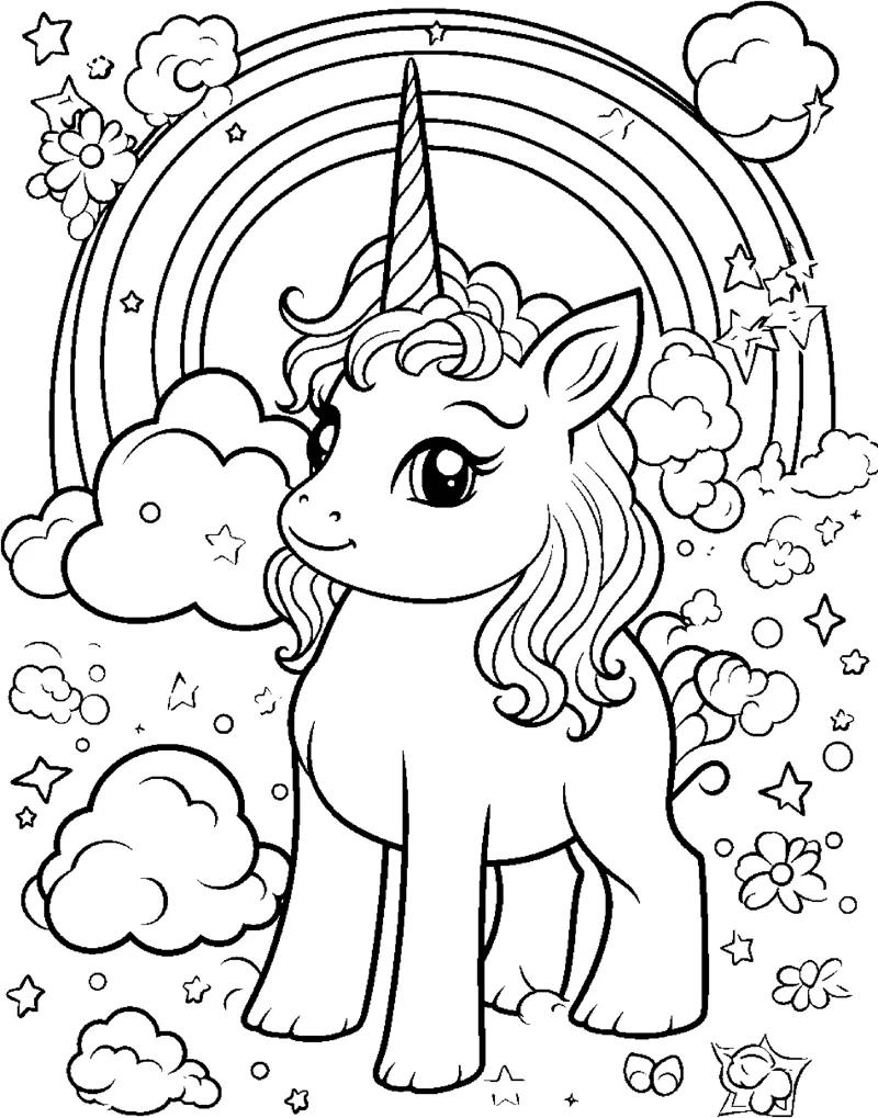 A standing unicorn with a flowing mane stands among small flowers, clouds and a rainbow.