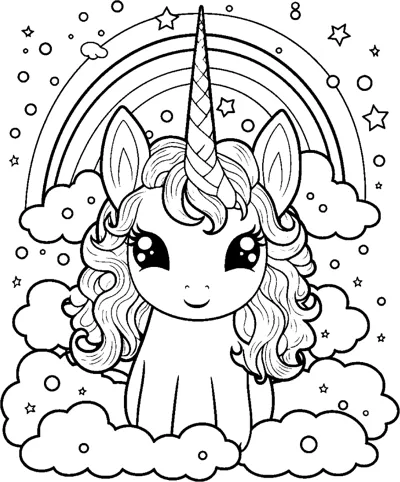 A sitting unicorn with a checkered horn and curly mane sits under a rainbow with clouds.