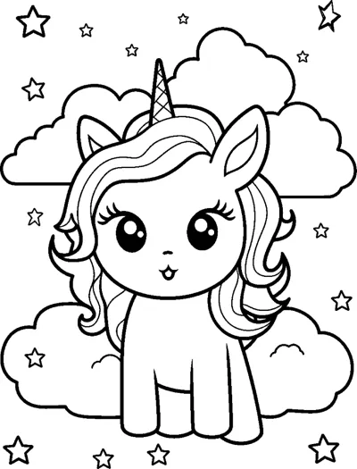 A sitting unicorn with a wavy mane sits on a cloud with stars and clouds in the sky.