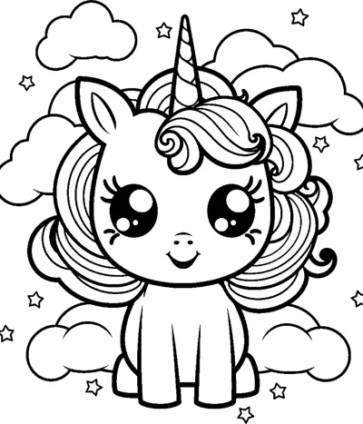 A sitting unicorn with a curly mane sits among clouds and stars.