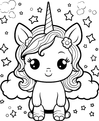 A sitting unicorn with a flower behind its ear sits among clouds and stars.