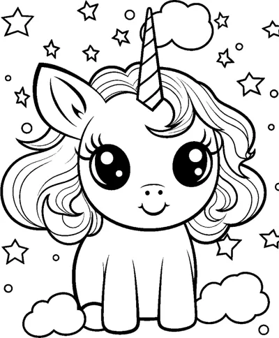 A baby unicorn with a smooth mane sits on a cloud with stars and clouds around.
