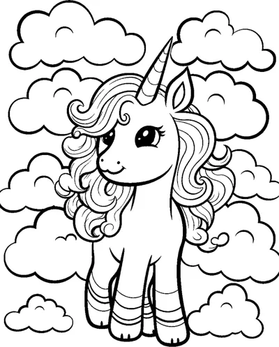 A standing unicorn with a wavy mane and striped hooves stands among many puffy clouds.