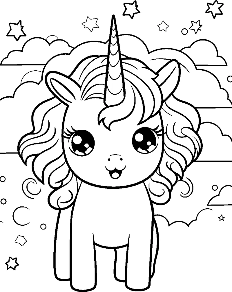 A standing unicorn with a wavy mane stands in front of striped clouds and stars.