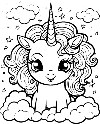 A sitting unicorn with a huge curly mane sits on clouds with stars above.