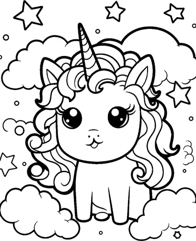 A sitting unicorn with a curly mane sits on clouds with bold stars and bubbles around.