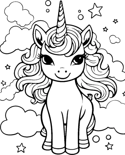 A sitting unicorn with a wavy mane sits among stars, bubbles and clouds.