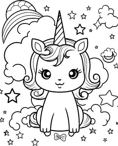 A sitting unicorn with a small bow below it, a rainbow in the corner and stars around.