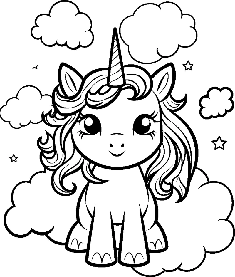A sitting unicorn with a wavy mane sits on a cloud with clouds and stars around.