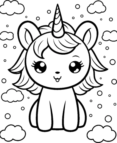 A round-headed baby unicorn with big ears sits facing forward with bubbles and clouds around.
