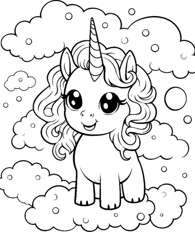 A sitting unicorn with a wavy mane sits on clouds filled with bubbles.