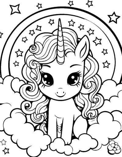 A sitting unicorn with a curly mane sits under a rainbow with many stars and clouds.