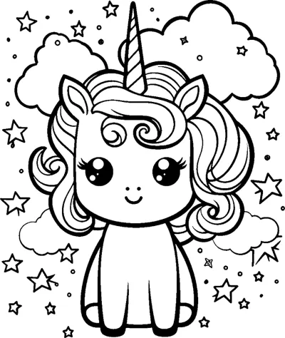 A standing unicorn with a curly mane stands among clouds and scattered stars.