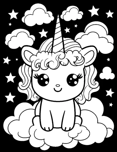 A sitting unicorn rests on a cloud against a black sky with white stars and clouds.