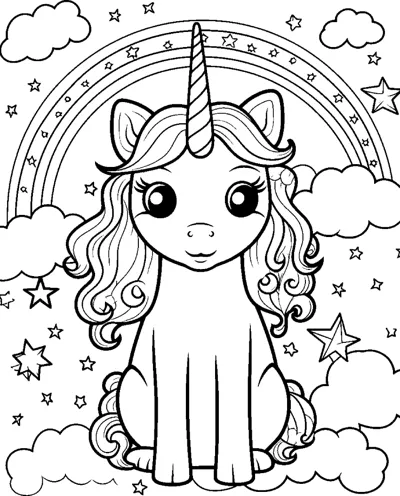 A sitting unicorn with a wavy mane sits beneath a rainbow dotted with stars.