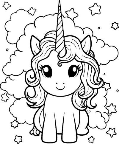 A sitting unicorn with a wavy mane sits among clouds and stars.
