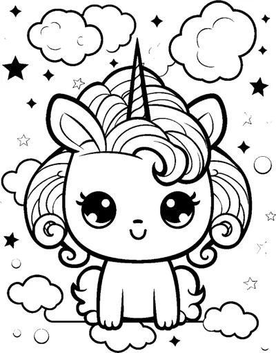 A sitting unicorn with a fluffy mane sits among clouds and bold black stars.