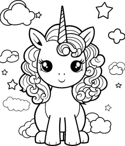 A sitting unicorn with a swirled mane sits among clouds and stars.