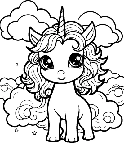 A sitting unicorn with a wavy mane sits among swirly clouds and stars.