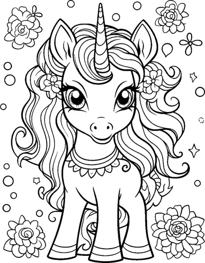 A standing unicorn with a flower behind its ear and a necklace, surrounded by blossoms.