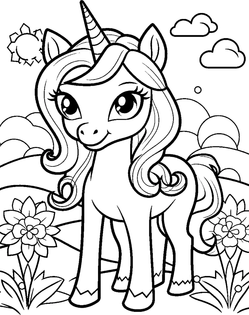 A standing unicorn with a wavy mane stands in a garden with flowers, hills and clouds.