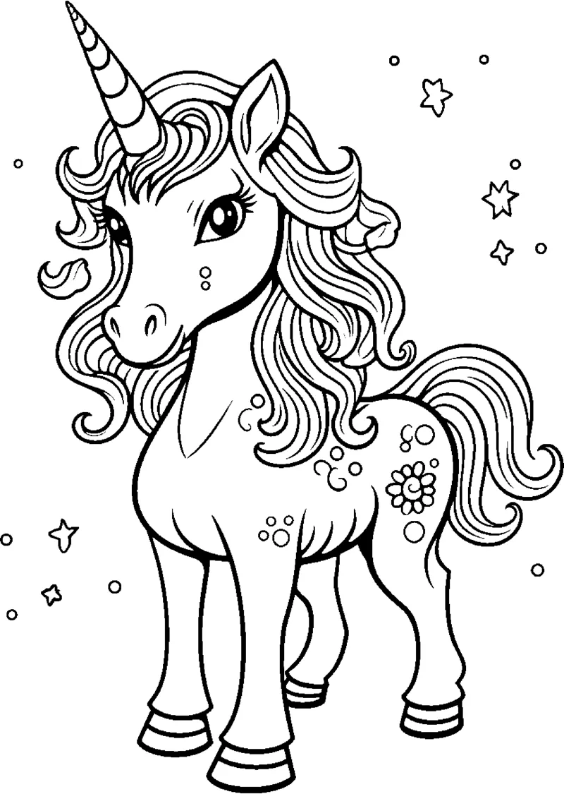 A standing unicorn with a long flowing mane and a flower mark on its side, stars around.