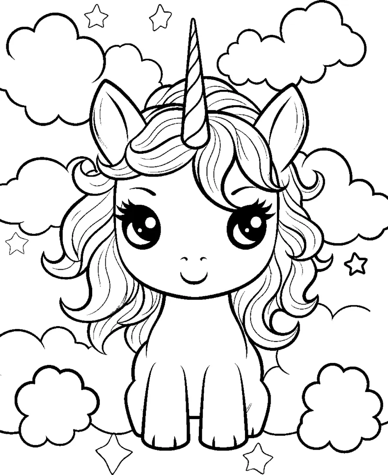 A sitting unicorn with a wavy mane sits among fluffy clouds and stars.