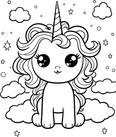 A sitting unicorn with a swirled mane sits among clouds, bubbles and stars.