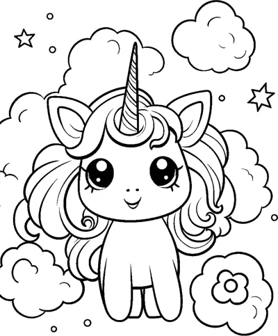 A standing unicorn with a curly mane stands next to a flower, with clouds and stars around.