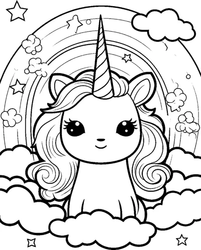 A sitting unicorn with a curly mane sits on a cloud beneath a rainbow arch with stars.