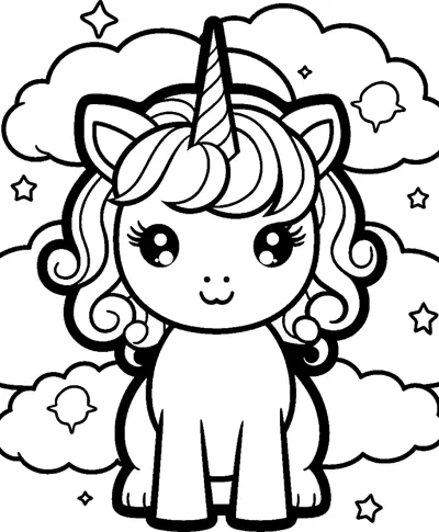 A chibi unicorn with very thick outlines sits among clouds, bubbles and stars.