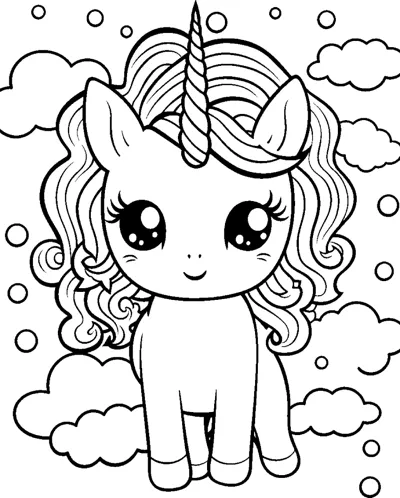 A sitting unicorn with huge eyes and a curly mane sits among clouds and bubbles.