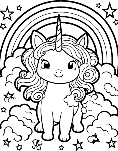 A sitting unicorn with a curly mane sits under a rainbow with swirls, clouds and stars.