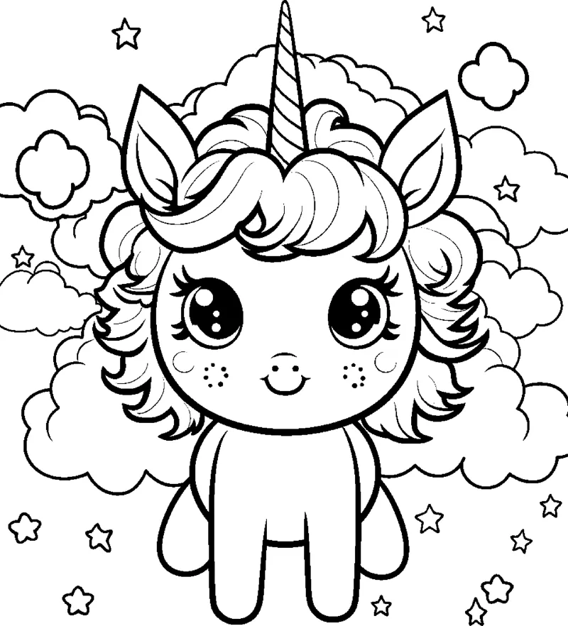 A standing unicorn with freckles and a curly mane stands among clouds and stars.