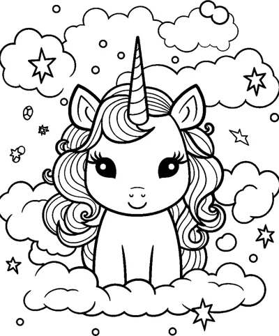 A sitting unicorn with a curly mane sits on a cloud with stars and clouds around.