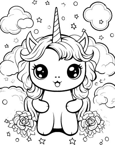 A sitting unicorn with a wavy mane sits between two small rose bushes with clouds and swirls around.