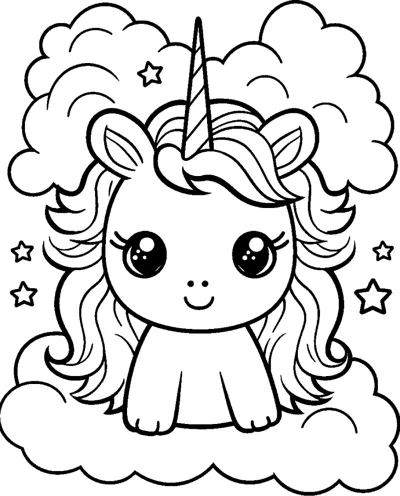 A sitting unicorn with a wavy mane sits on a cloud, framed by large fluffy clouds.