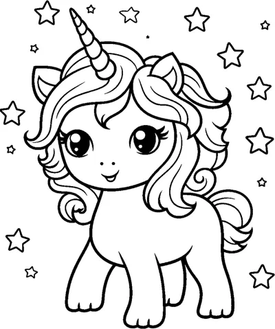 A standing baby unicorn with a short mane stands with a few stars around it.