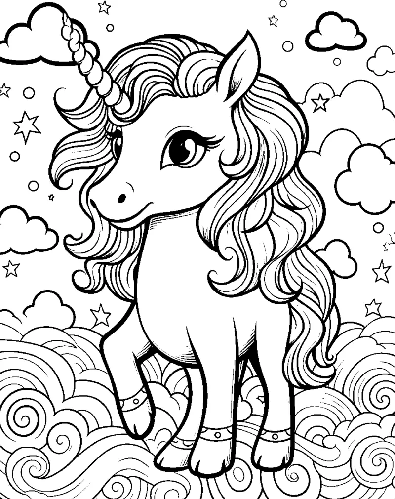 A walking unicorn with a long flowing mane walks through flowers, swirls and clouds.