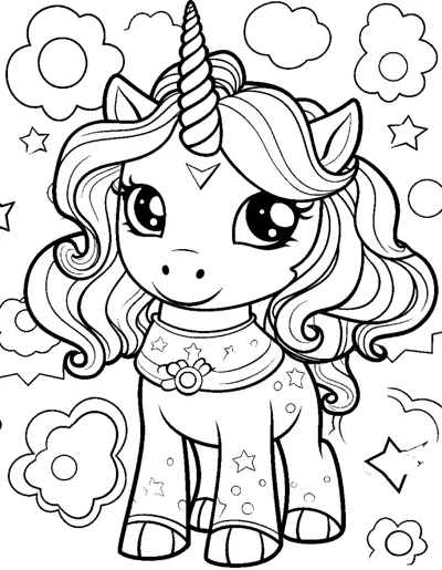 A standing unicorn with a flower collar stands among blossoms and stars.