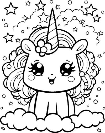 A sitting unicorn with a very curly mane and a flower in its hair sits on a cloud.