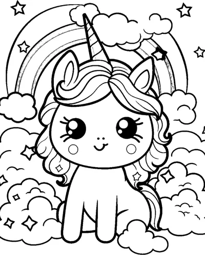 A sitting unicorn with blushing cheeks sits under a rainbow with clouds and stars.