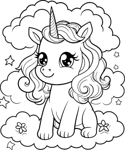 A sitting unicorn with a wavy mane sits on a cloud with tiny flowers and clouds around.