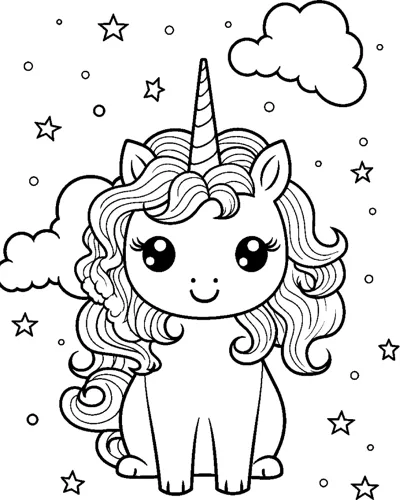 A sitting unicorn with a long curly mane sits among stars and clouds.