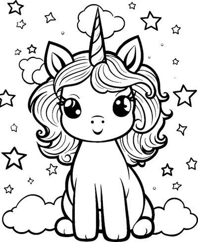 A sitting unicorn with a swirled mane sits among bold stars and clouds.