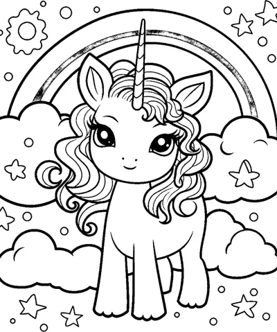 A standing unicorn with a wavy mane stands under a rainbow with clouds and stars around.