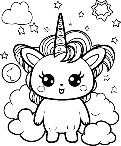 A small chibi unicorn with a striped horn and big ears sits on a cloud with stars around.