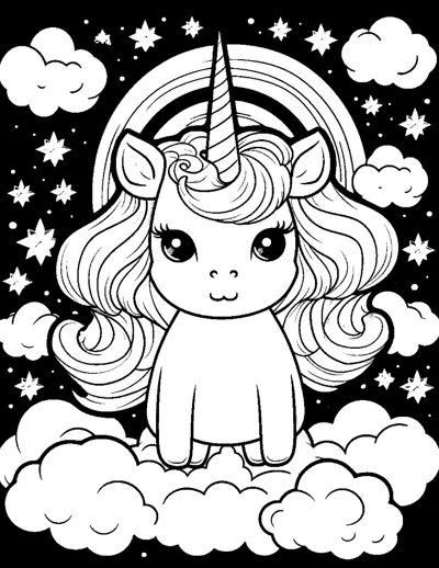 A unicorn stands on clouds beneath a rainbow against a black sky full of white stars.