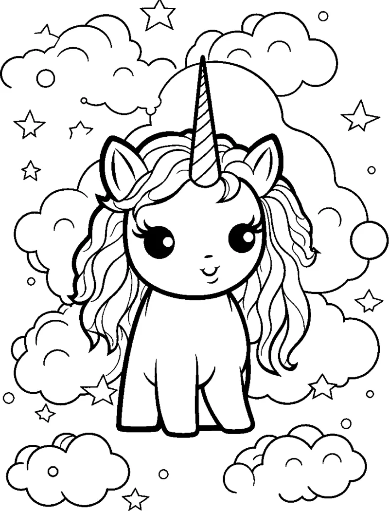 A standing unicorn with a wavy mane stands among clouds and stars.