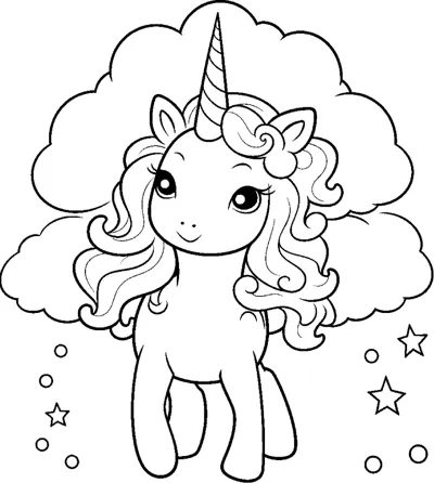 A standing unicorn with a flower in its mane stands in front of a large cloud with stars around.